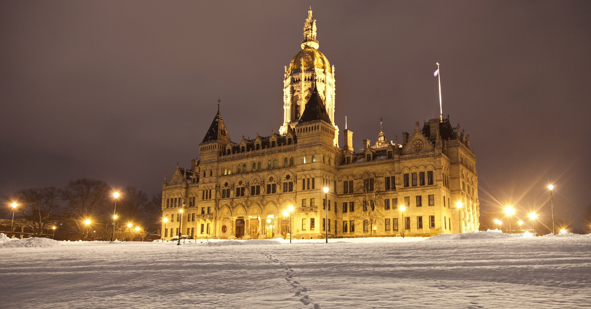 Connecticut State Capitol Building at night in snow