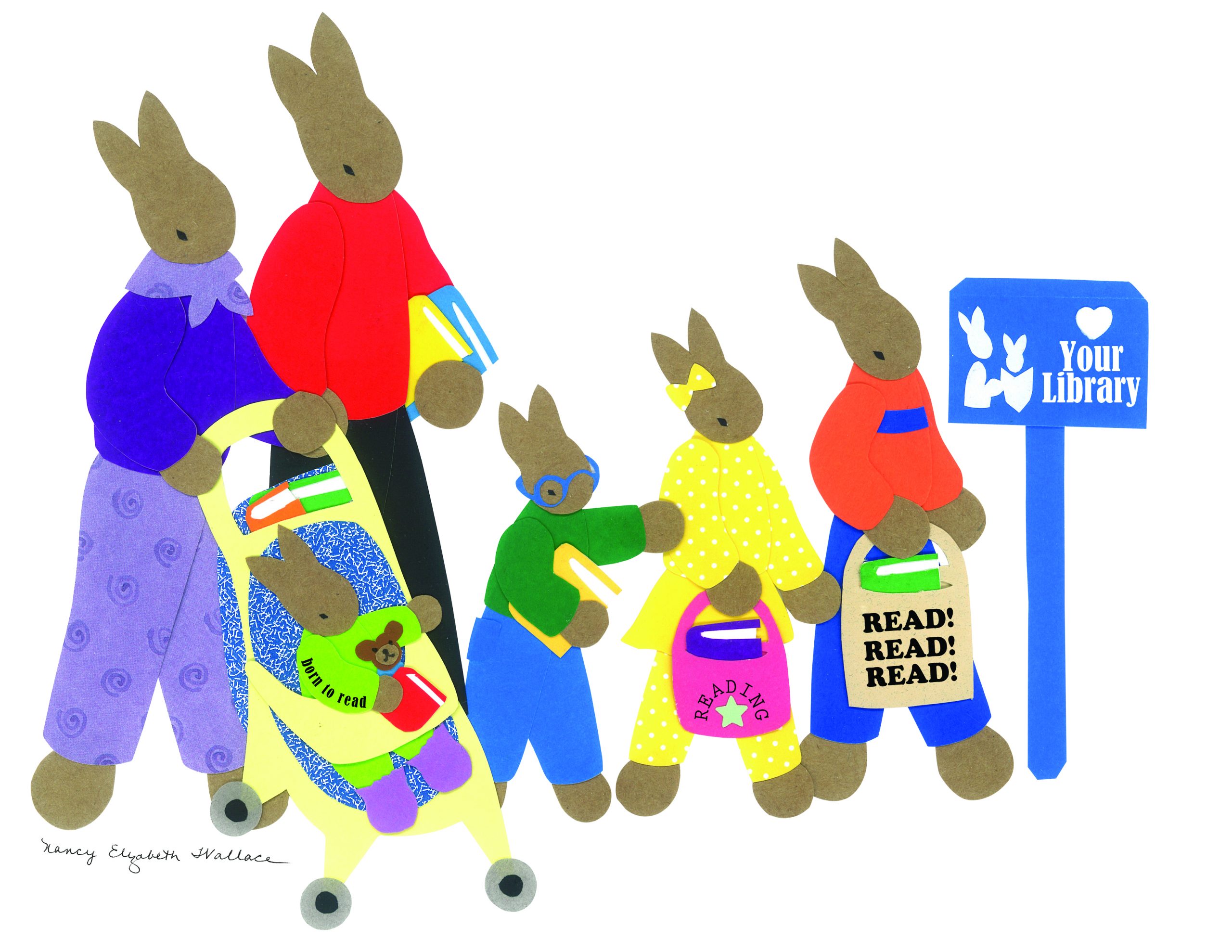 Graphic of Rabbits walking to library