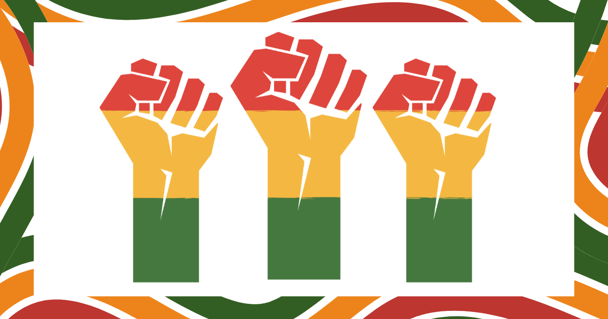 Three hands in the color of red, yellow and green with fists